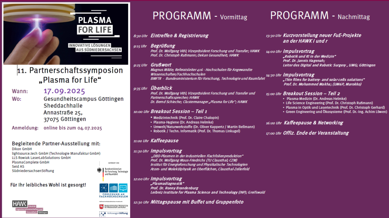 11. Partnerschaftssymposium "Plasma for Life"